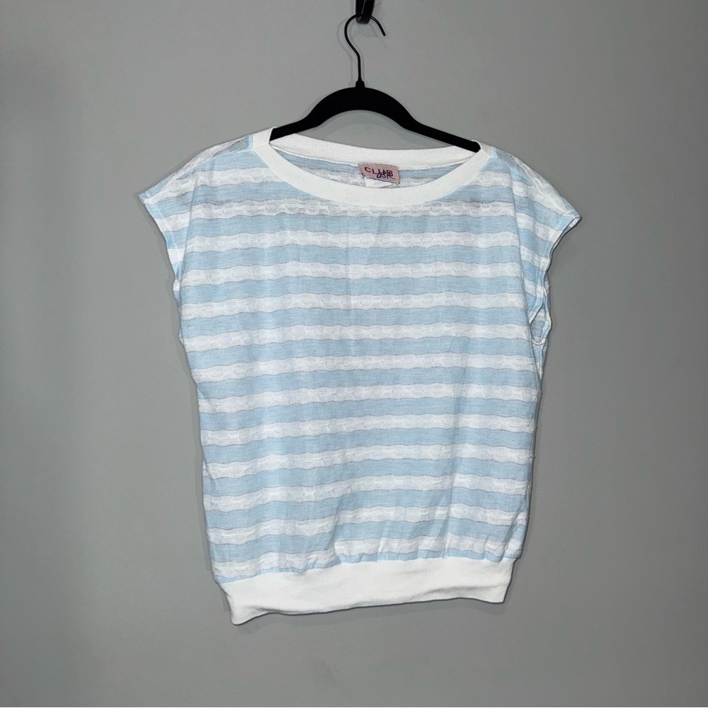 Club USA Vintage Striped Knit Top Blue White Metallic Cap Sleeve Medium USA Made